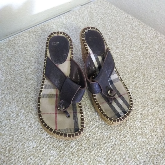 Burberry Brown Leather Plaid Wedge Sandals - Picture 2 of 6